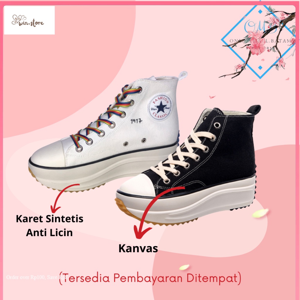 Sneakers terbaru / Sepatu Sneakers Kanvas Wanita Hak Tinggi Hitam Putih 232 onlinemall