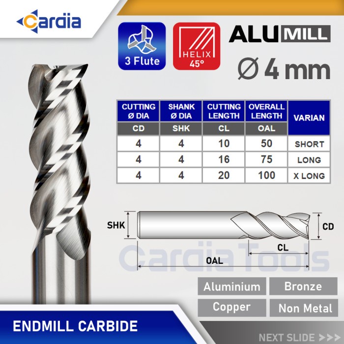 Endmill 4 mm Long 50 | 75 | 100 3 Flute Aluminium End Mill  CARDIA