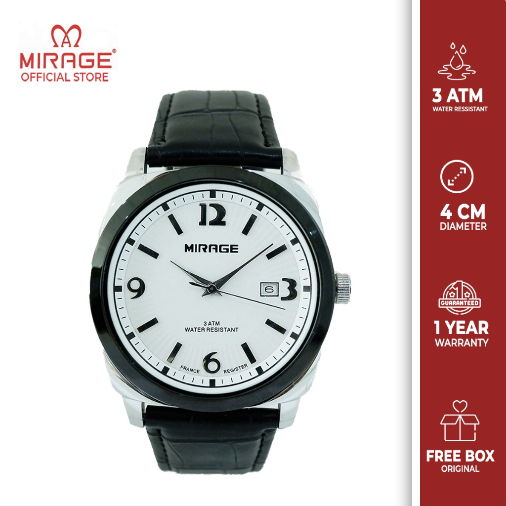 Mirage Watch Jam Tangan Analog Kulit Pria Original Tanggal Aktif Silver 8606 M Anti Kerut  Bergarans