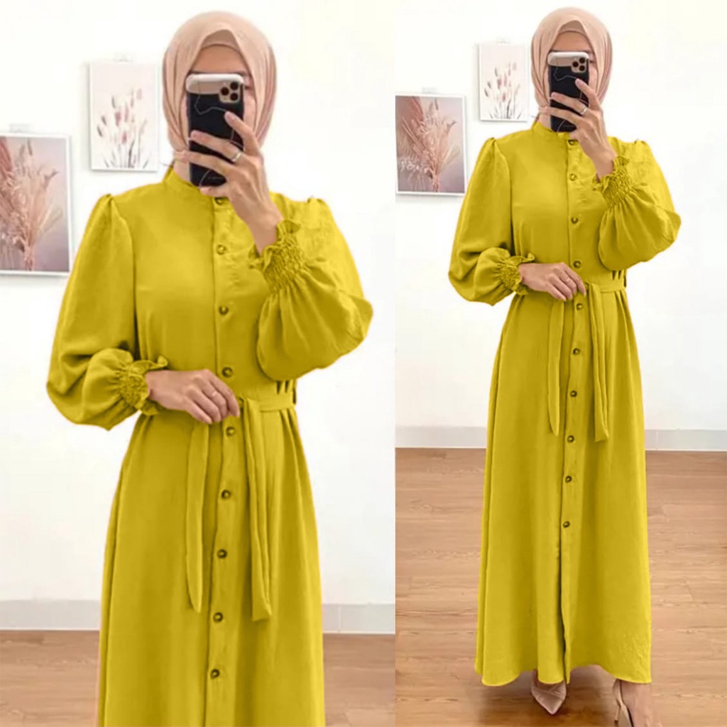 GAMIS FULL KANCING DEPAN CRINKLE AIRFLOW / GAMIS WANITA DEWASA / BAJU GAMIS MAXI POLOS LENGAN KERUT 