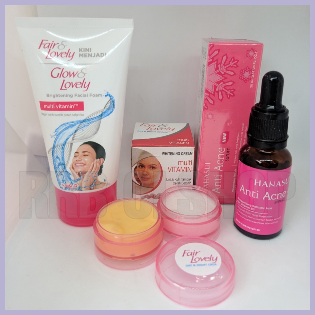 DBS _ Paket - Serum Hanasui Anti Acne Penghilang Jerawat Original BPOM - Facial Foam Fair&amp;Lovely 50ml - Cream Susun Fair&amp;Lovely Siang Dan Malam
