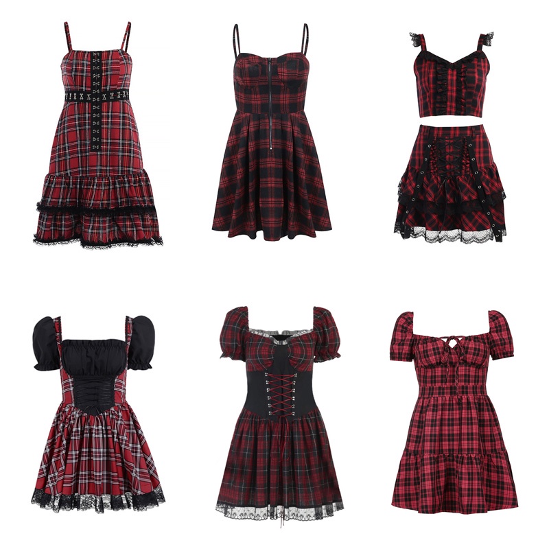 Ghostly girl dress red and black plaid dress gothic punk short skirt hot girl personality subculture