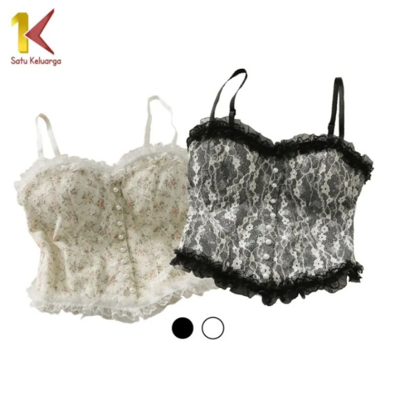 KS01 - TANKTOP PEARL FLORAL ATASAN WANITA TANPA LENGAN MOTIF BUNGA MUTIARA / FASHION IMPORT KOREAN S