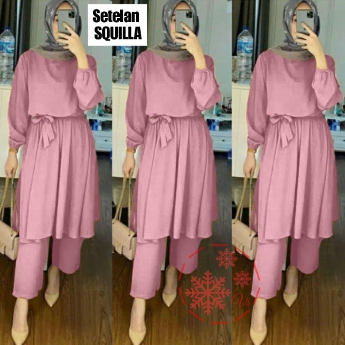 Setelan Tunik Baju Celana Kulot Wanita Set Casual Jumbo Polos Panjang - Dusty