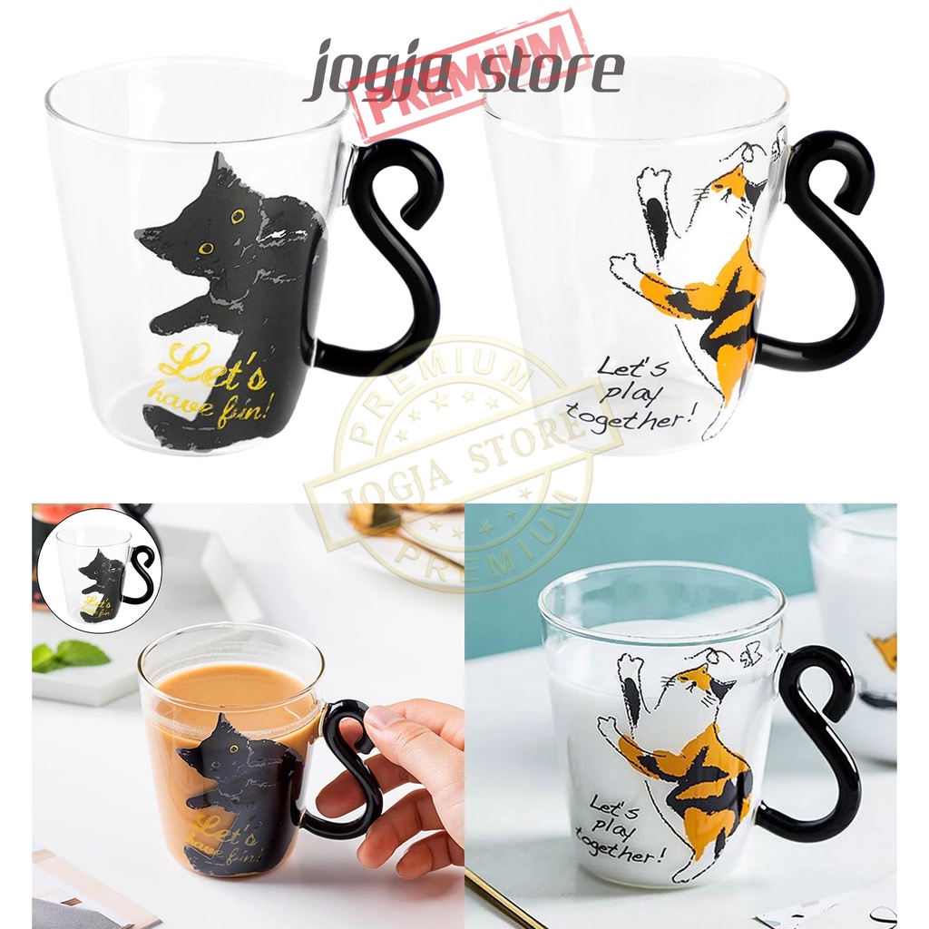 Gelas Unik Cangkir Kucing Lucu Mug Kopi Teh Cafe 250ml Tail Cat Handle