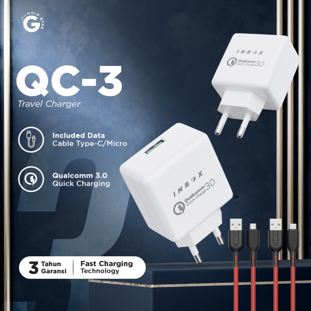 Inbox QC-3 Kepala Charger 3A Qualcomm Adaptor Fast Charging Include Kabel
