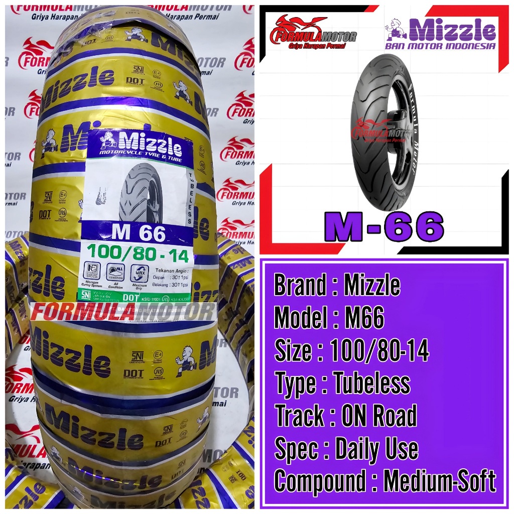 100/80-14 Ban Mizzle M66 Ring 14 Tubeless (Profil Donat) Ban Belakang Motor Vario-150/LED, Beat Upsize Tubles