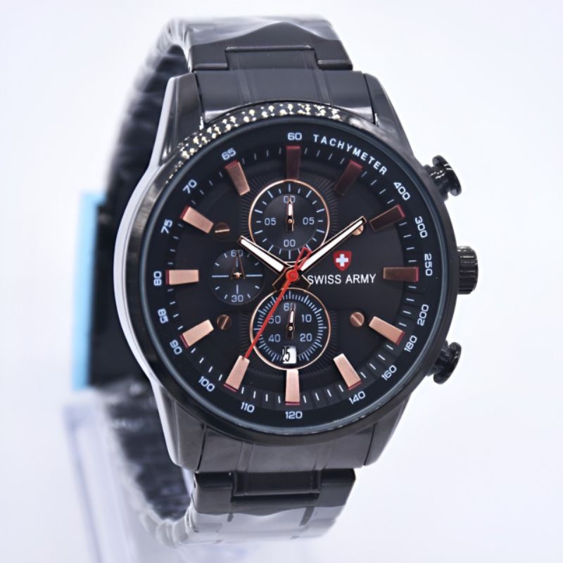 Promo Jam Tangan Pria Sporty Anti Air Swiss A+ Premium Chrono Tanggal On Tali Rantai Solid Fashion C