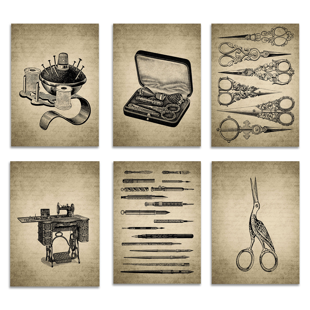 

Vintage sewer kit print, scissors, sewing machine, tailor wall art poster, pen and pencil print, home decor