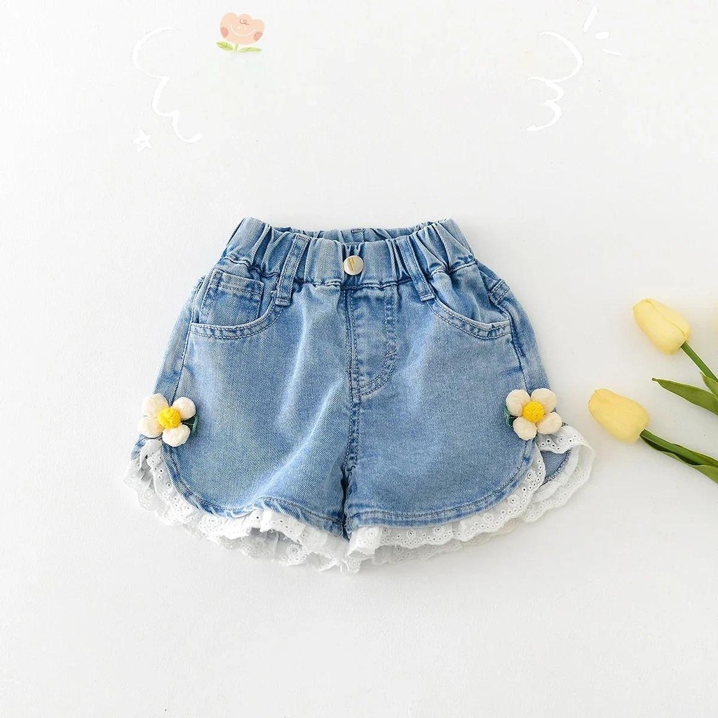 Cute Baby Girls Denim Shorts Summer Flower Patchwork Lace Elastic Waist Loose Jean Shorts Girls Shor