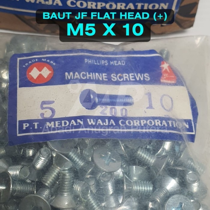 Baut JF M5 x 10 Flat Head 5x10mm obeng plus Full Drat (200 pcs)