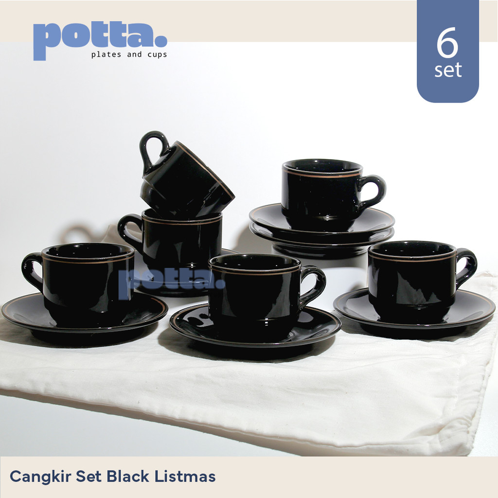 Cangkir Keramik Black Listmas Lucky - 6Set Gelas Hitam Mewah untuk Kopi dan Teh