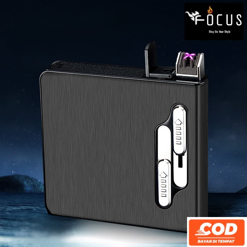 Firetric Kotak Tempat Rokok 20 Slot dengan Korek Elektrik USB Rechargeable/Wadah Rokok Plus Korek
