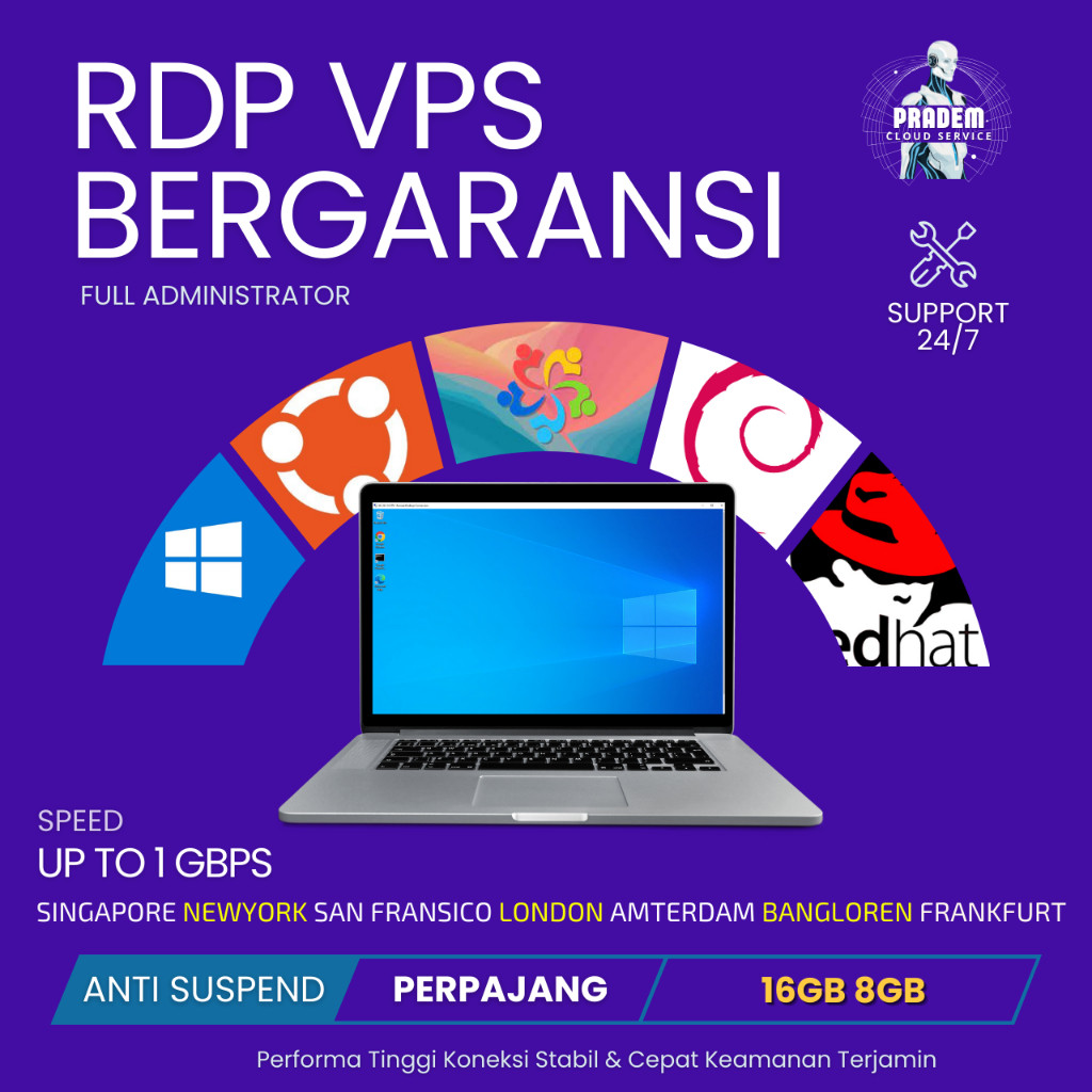 RDP WINDOWS SPEK RAM 8GB-4CORE / RAM 16GB-8CORE FULL ADMIN