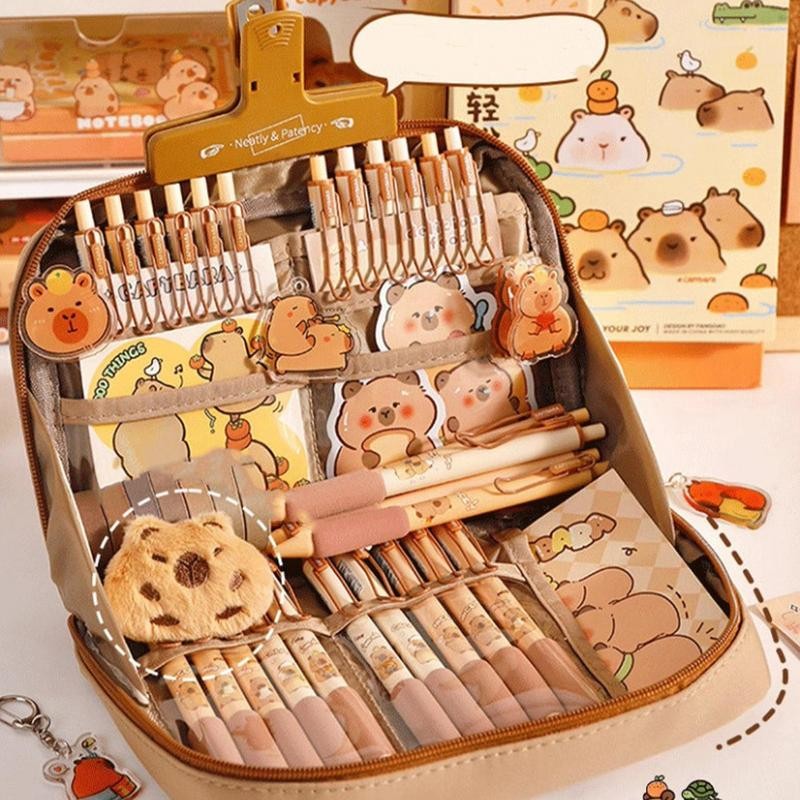

Capybara Stationery Set Cute Pencil Case Wide Opening Pencil Organizer Stationary Bag With Pens, Clips, Rulers And More