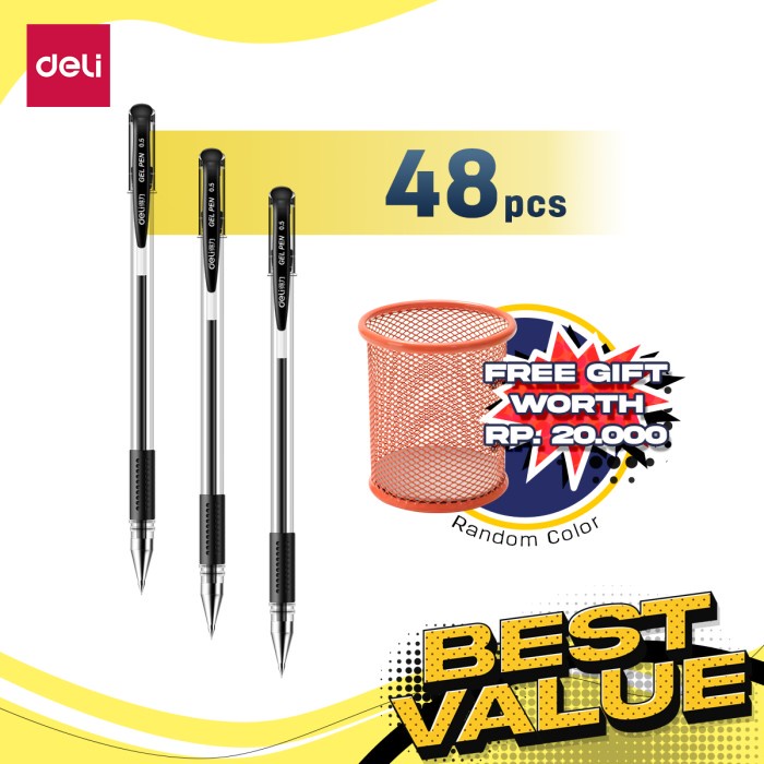

Best Seller- Deli Combo ATK Ekonomis 48pcs Gel Pen 0.5mm Free Tempat Pulpen 6600ES - Hitam, 48pcs