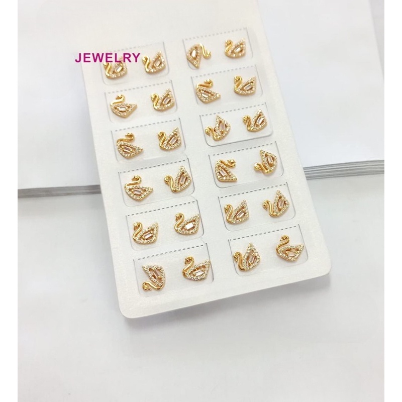 perhiasan anting tusuk titanium lapis emas motif angsa  zircon
