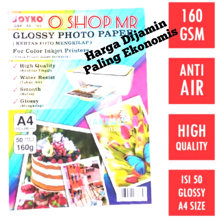 Glossy Photo Paper A4 Joyko 160gr / Kertas Photo 50 Lembar