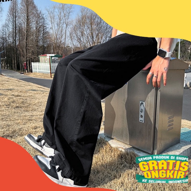 celana jeans hitam kulot pria /celana jeans cowok /jeans pria loose straight korean style oversize L