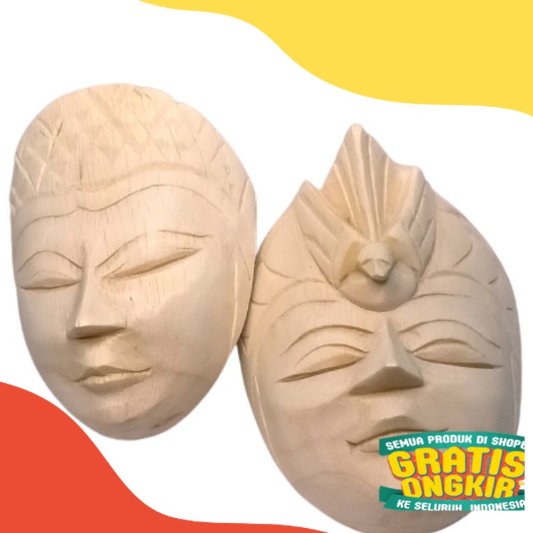 topeng kayu sepasang model merak & panji putihan belum diwarnai ukuran 13x10cm/ paling seram