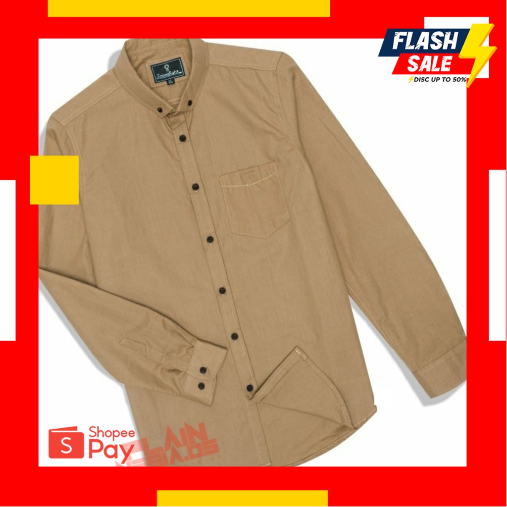 OUTFIT TERBARU MEMBER JKT48 | Kemeja Polos Pria Lengan Panjang Slimfit Basic Mocca Cream Big Size M-