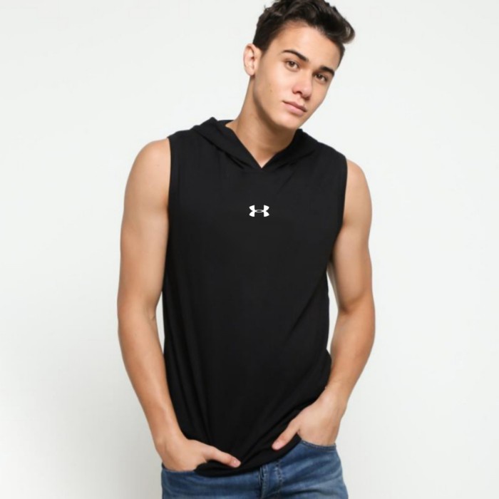 PERK NEW Singlet Gym Hoodie Pria Baju Manset Kupluk Tanpa Lengan Olahraga hodie - HITAM POLOS, M