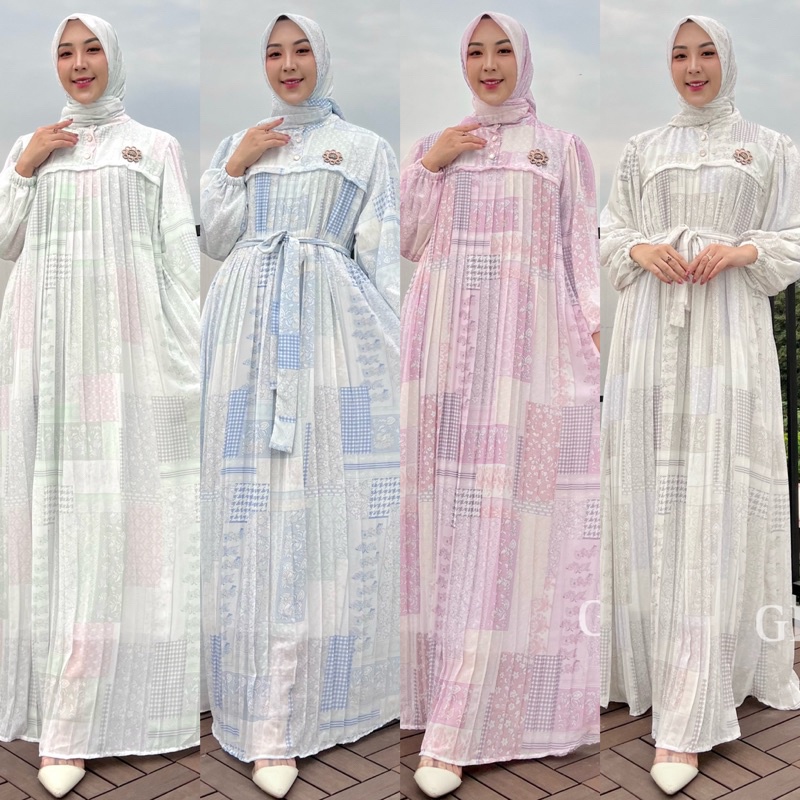(COD) MARYAM DRESS ETNIK CERUTI PLISKET | DRESS KOREA STYLE | GAMIS SET HIJAB | DRESS INCLUDE HIJAB