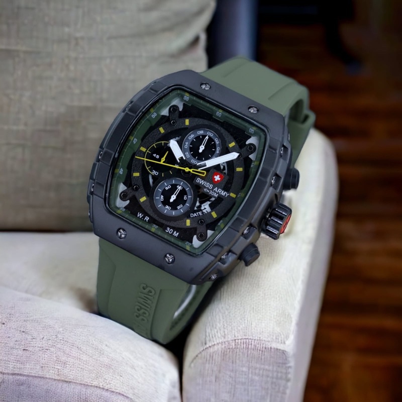 (COD) New Arrival Jam Tangan Pria Swiss Chronograph Stopwatch Date Silicone Rubber Strap Include Box