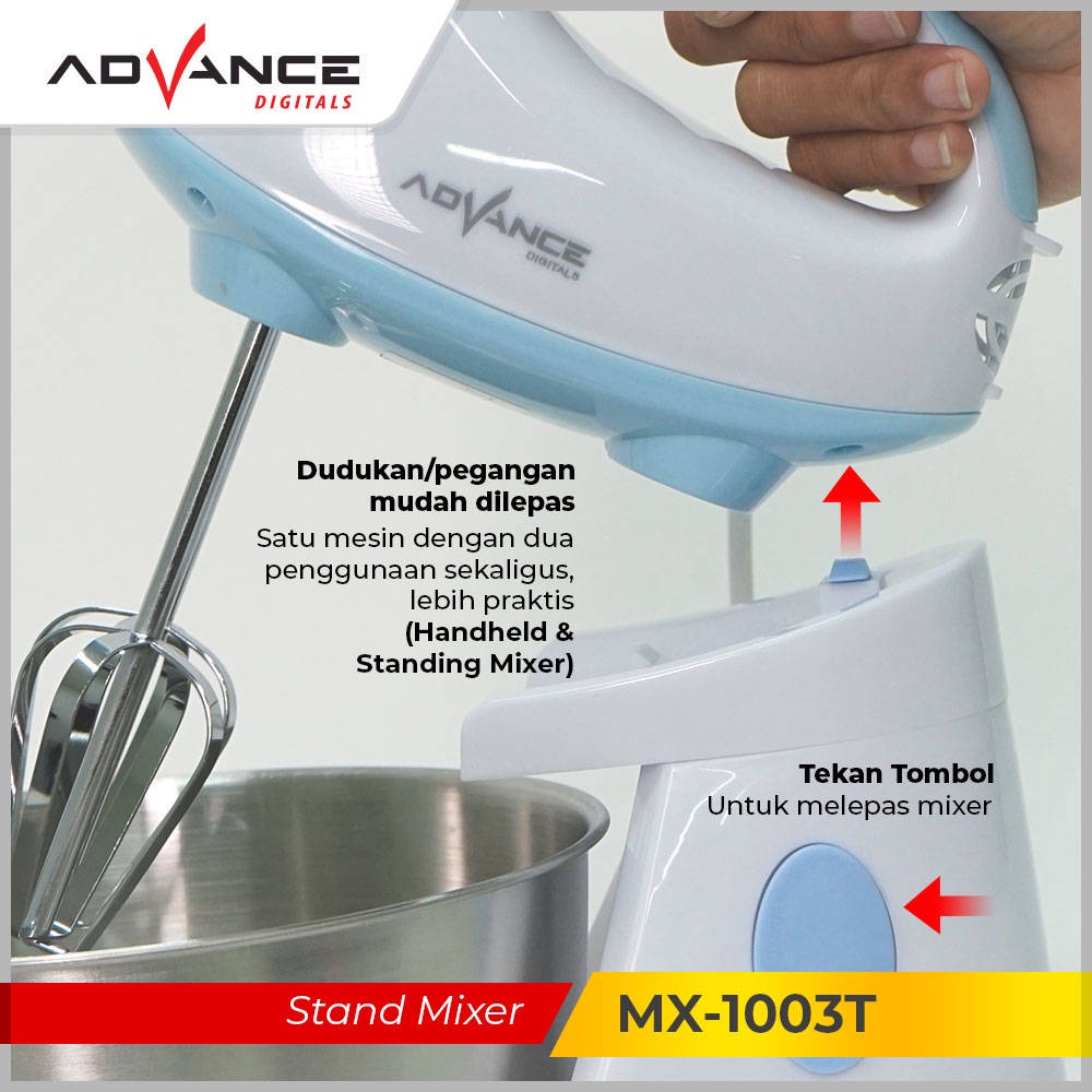TURBO SPEED  Mixer Advance MX-1003T ( Mangkuk Stainles + 2Liter ) Pengocok Telur Mesin Roti 7 Kecepa