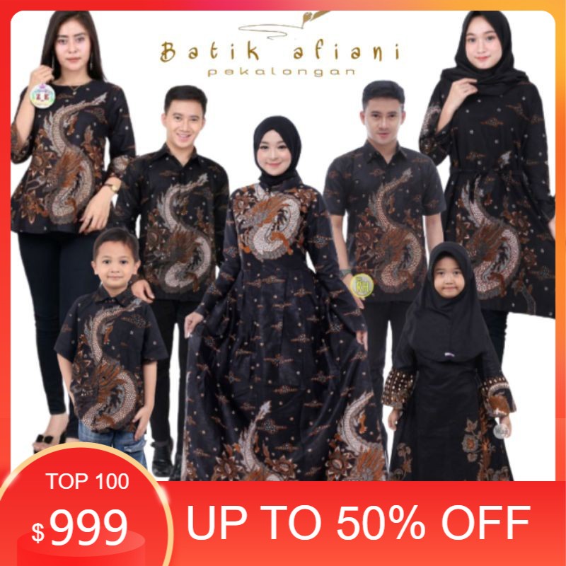 Baju Batik Couple Keluarga Sania Ruffle Ori Ndoro Jowi Dnt Couple Anak Ayah Ibu Motif Naga Hitam/Kon
