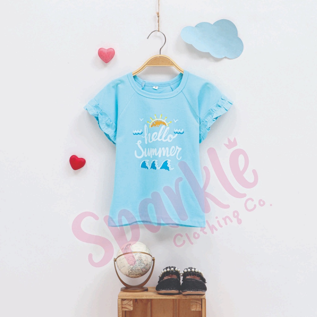 [COD] Kaos Anak Perempuan Summer Shirt - Biru Hello Summer Pantai | Kaos Anak Lengan Pendek | Kaos A