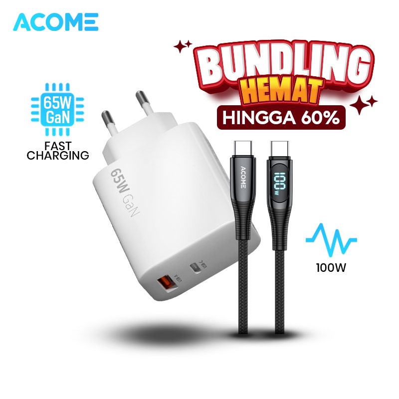 ACOME Bundling Hemat Charger GaN 65W Dual Port Fast Charging (ACG65) + Kabel Data 100cm C To C 100W 