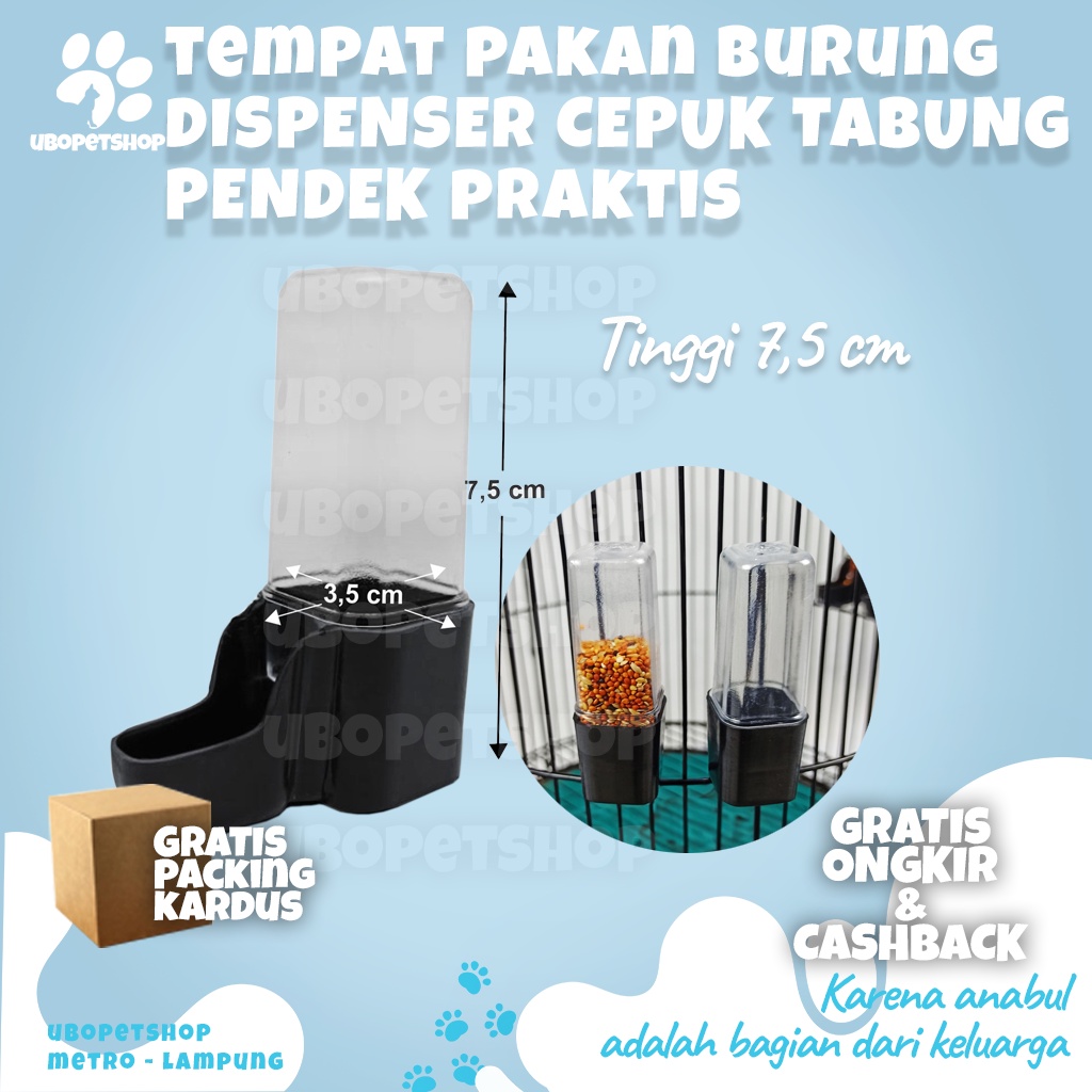 Tempat Pakan Burung Dispenser Cepuk Tabung Pendek 7,5 cm ubopetshop