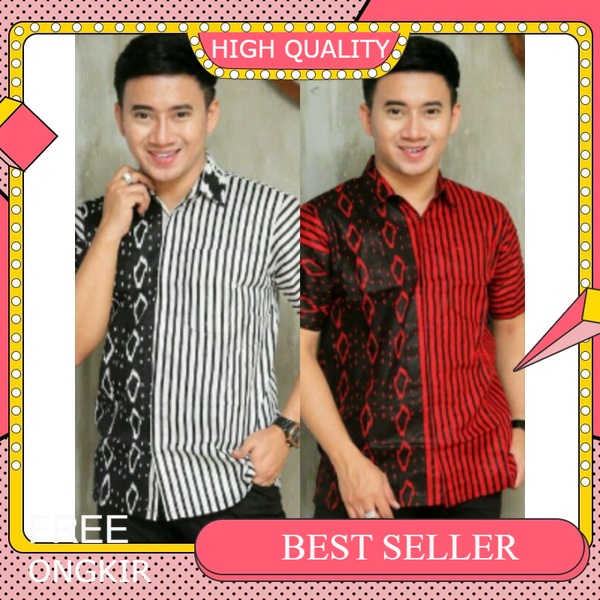 BEST SELLER Hem Cowok Lengan Pendek Lurik Katun Batik Pria Kombinasi Polos Kemeja Batik Pria Kekinia