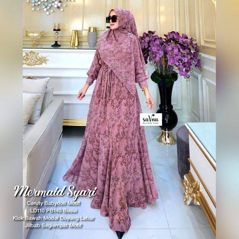 MERMAID SYARI (LABEL SAVNA) | SET GAMIS JILBAB SEGIEMPAT CERUTY MOTIF TERBARU TERLARIS
