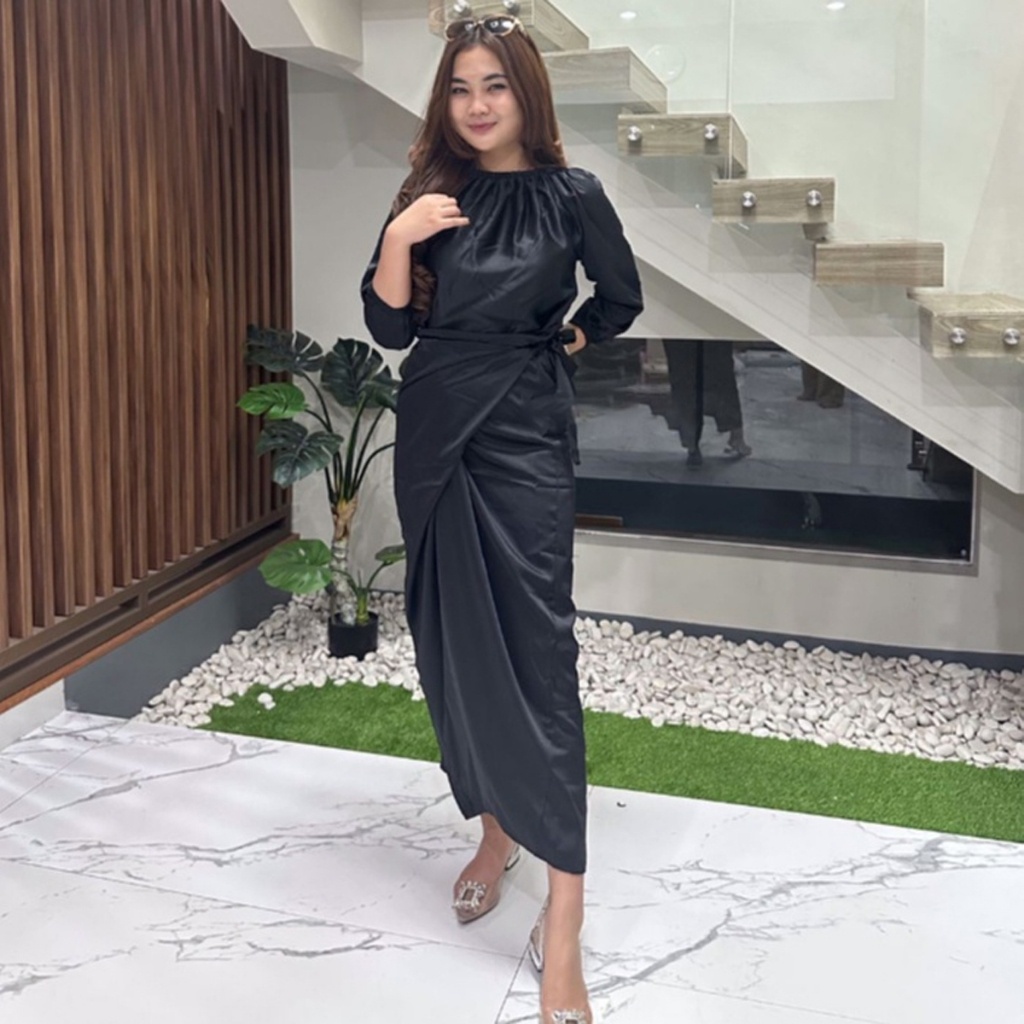 Natal Dress kondangan Dress Wanita  Dress Sabrina Lilit Satin Long Dress Wanita Kondangan