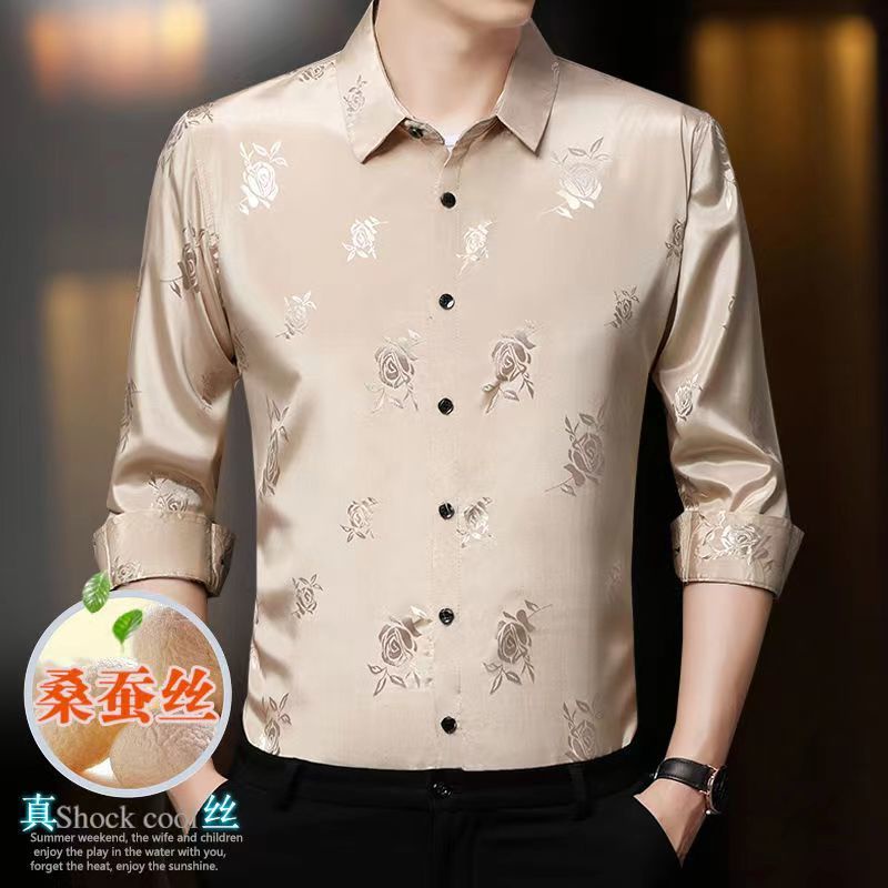 Real silk satin men's long sleeved thin silk rose jacquard shirt