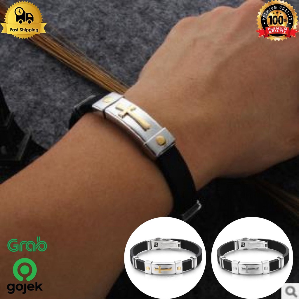Gelang Salib Silikon Anti Air Warna Emas dan Perak untuk Pria
