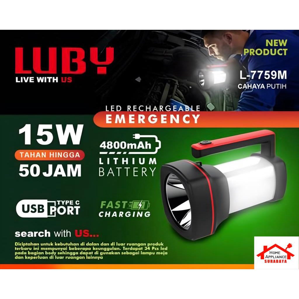 LUBY Senter Tangan Besar 15W 15 Watt + Emergency 34 Pcs SMD LED 4800mAh Tahan 50 Jam Cahaya Putih L-