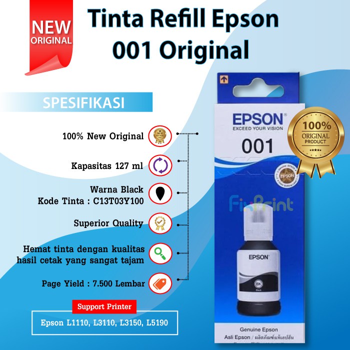 Tinta Refill Botol Epson 001 Black 127ml Printer Inktank L4150 L4160 L6160 L6170 L6190
