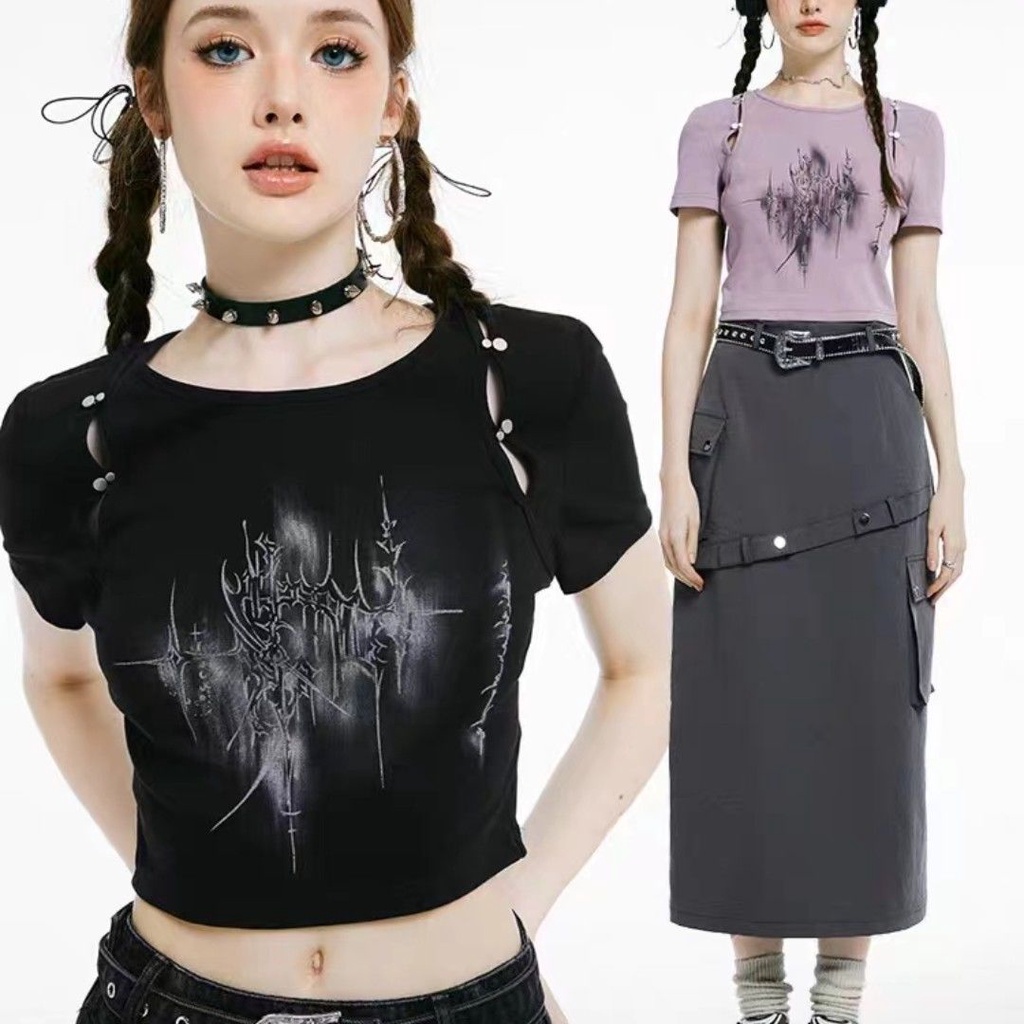 Imone Kaus Berongga Pendek Pinggang Tinggi Retro Amerika Ungu Atasan Ceruk Desain Baru Musim Panas 2