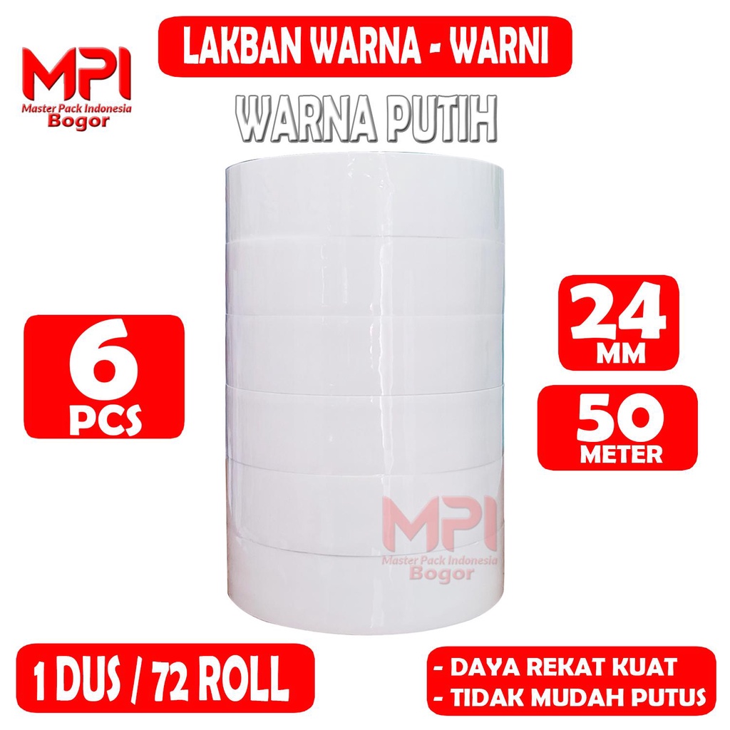 

1 SLOP / 6 ROLL - Lakban Isolasi Warna Putih 24 mm x 50 Meter - Lakban Warna Master Pack Indonesia Bogor