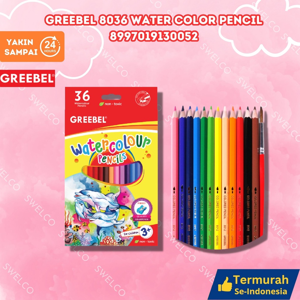 

GREEBEL Pensil Warna WATERCOLOUR 8036 (ISI 36) bonus kuas & serutan / Coloring/Color/Colour Pencils bonus serutan Cerah tidak beracun utk mewarnai anak GREEBEL 8036 WATER COLOR PENCIL