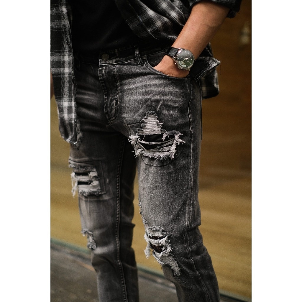 Weird Jeans - Grey Art - Celana Jeans Panjang Pria Slim Fit Ripped Strech