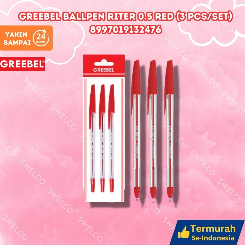 

GREEBEL PULPEN RITER 0.5 RED (3 PCS/SET)/Pen/Pulpen/Bolpoint utk atk kantor kerja kuliah anak GREBEEL BALLPEN RITER 0.5 RED (3PCS/SET)
