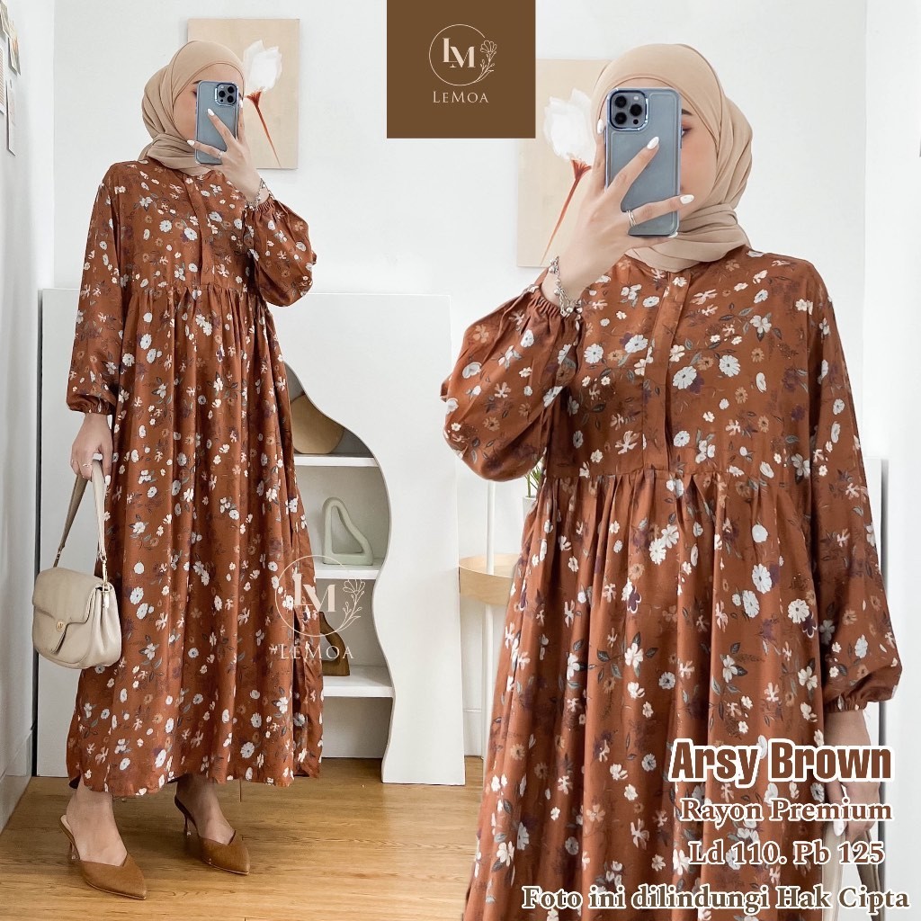 Arsy Midi Dress Rayon Motif Bunga by Lemoa Bahan Rayon Premium Terlaris Ld 110 Pb 125 Katun Flowy Dress Busui Friendly Adem Fit Nyaman Daster Panjang Gamis Wanita Muslim Simple