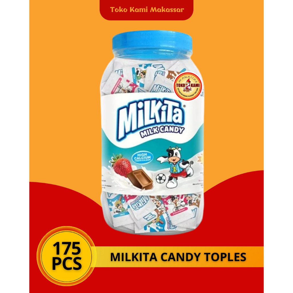 

Milkita Candy Jar Assorted Festive (1 Toples Isi 175pcs) - Toples Permen Milkita Rasa Susu, Cokelat & Stroberi