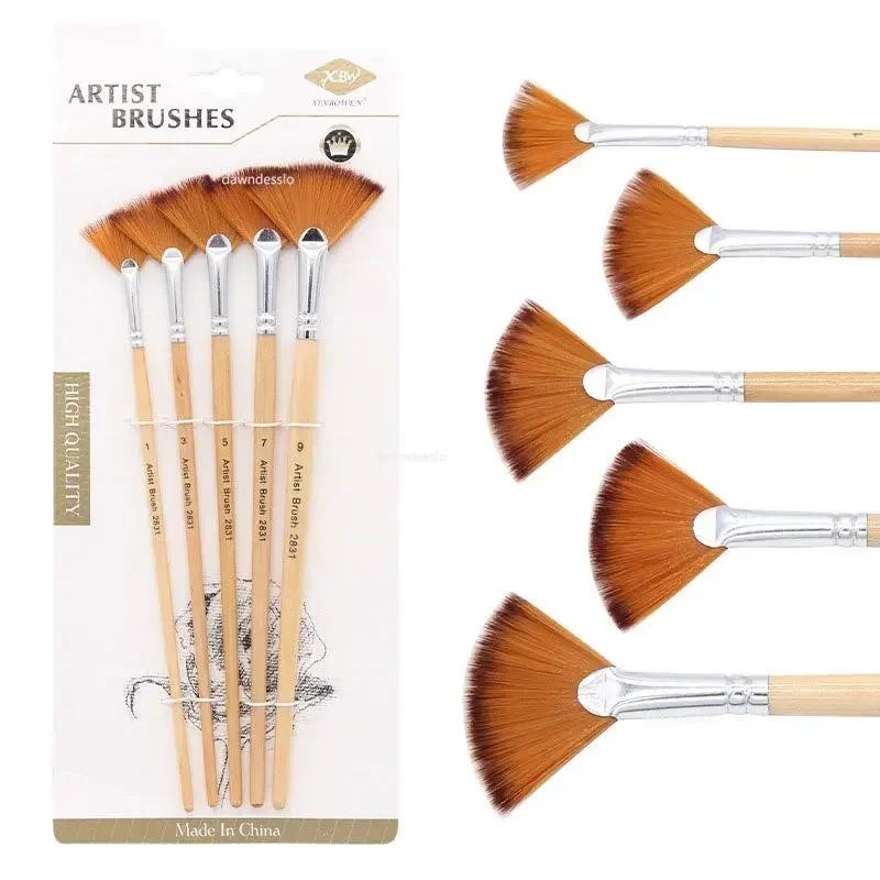 

5Pcs Fan Shaped Nylon Hair Gouache Watercolor Paint Brush Set For School Painting Drawing Painting Brush Art Supplies