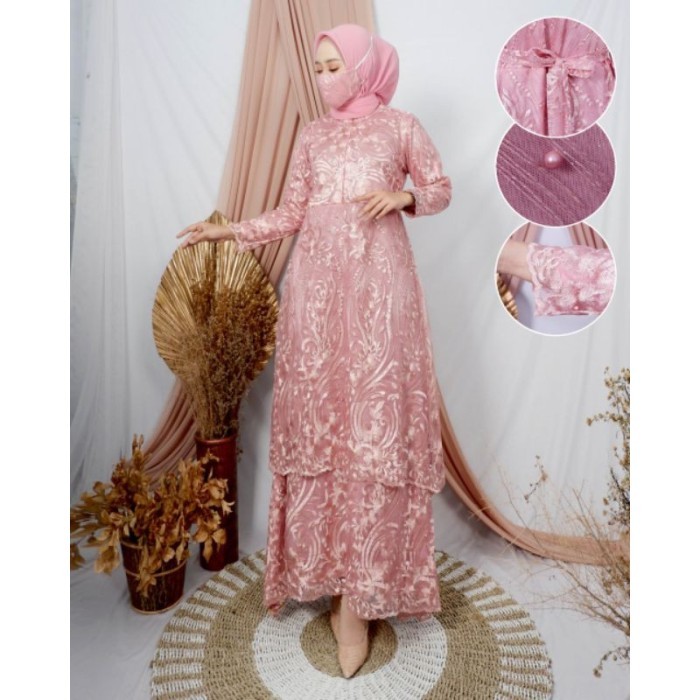 NEW -Gamis Brukat Jumbo Ld 140 - Gamis Brokat Malaysia - Dress Pesta Jumbo - Maroon, XXXL / 3XL