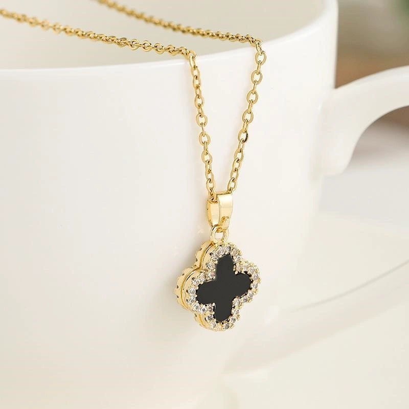 COD  Kalung Wanita, Kalung Onyx Hitam Semanggi Empat Daun Emas